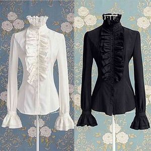 Victorian Womens Tops High Neck Ruffles Långärmad frill fast färgskjorta ol Office Frilly Cuffs Blus Autumn Tops Womens 210326