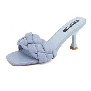 Sandals Weave Designer Women Slipper Ladies Thin High Heel 2022 New Summer Open Toe Brown Outdoor Slides Flip Flop Shoe 220413