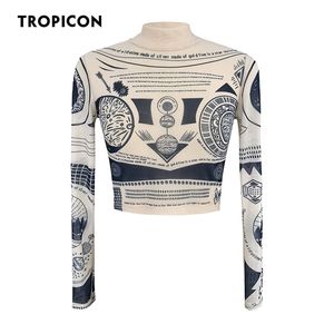 TROPICON Tattoo Mesh Crop Top Manica lunga Tees Graphic T Shirt See Through Alta moda Top Estetico Aderente Tshirt 220527