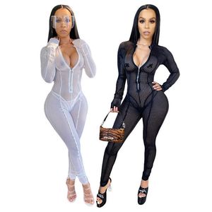 Seksowne kombinezony klubowe dla kobiet upadły głęboko V Nakień długi rękaw Sheer Mesh Zipper Black Bodycon Rompers Seksowne kombinezony 210709