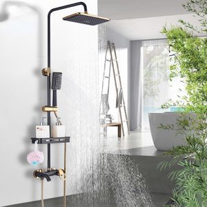 Zestaw prysznicowy czarnego złota prysznicowy zestaw prysznicowy z półką z półką na ścianę obrotową wannę z okiem na zimno -mikser kranu