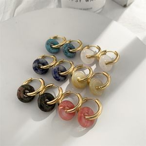 Wielokolorowy kamień naturalny okrągłe złote kolczyki dla kobiet biżuteria boho opal stal nierdzewna obręcze Koreańskie kolczyki