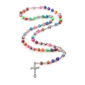Wholesale polymer clay necklaces for sale - Group buy Pendant Necklaces mm Colorful Polymer Clay Bead Rosary Necklace Alloy Cross Virgin Mary Centrepieces Christian Catholic Religious JewelryPe