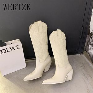 Fashion Emed Microfiber Leather Women Boots Pointed Toe Western Cowboy Kneehigh Chunky Wedges 220813 GAI