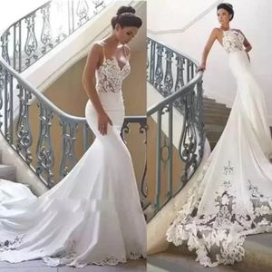 Sexy Hollow Applique Spaghetti Backless Chiffon Mermaid Wedding Dresses Illusion Open Back Satin Bridal Wedding Gown For Women