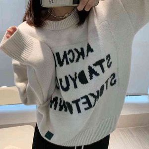 New 2022 Letter jacquard ladies sweater simple casual o-neck long sleeve women knit pullover tops autumn vintage sweater T220730