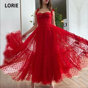 LORIE Red Prom Dresses A Line Dot Tulle Tea Length Party Gown Christmas Robes de cocktail Dress for Teens