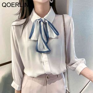 Qoerlin Sexy Transparent Bow Craved Casual White Chifon Blous