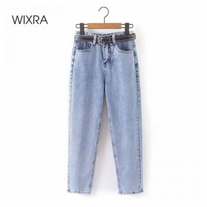 Wixra Frauen Demin Hosen Mit Schärpen Streetwear Casual Hohe Taille Lose Denim Jeans Tasten Taschen Femme Frühling Herbst