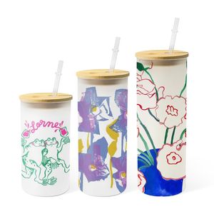 12/16/25oz Sublimation Glass Can Tumbler Frosted Cola Can Bamboo Lid Beer Cocktail Cup Whiskey Coffee Mug Iced Tea Jar