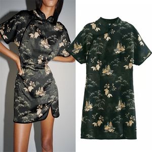 Black Toggles Printed Mini Dress Women Za Vintage Chinese Style Short Sleeve High Neck Short Dress Ladies Elegant Dresses 210303