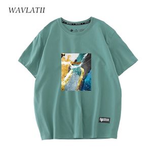 wavlatii女性ダークグリーンの特大の半袖Tシャツ女性ホワイトブラックコットンカジュアルサマーティートップWT2219 220511