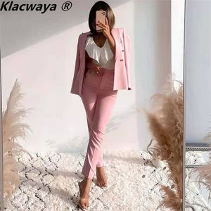 Klacwaya Donna Set 2 pezzi Blazer doppiopetto moda Decorazione bottoni vintage Pantaloni a vita alta Abiti femminili chic 220315