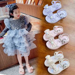 2022 Scarpe estive per ragazze Sandali per bambini piatti per ragazze Scarpe per bambini piccoli Scarpe da principessa Abito con fiocco di perle Scarpe moda Bambina 1-12 G220523