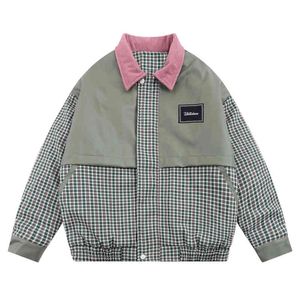 Lacible Men Women Hip Hop Vintage Patchwork Plaid Baseball Jacket Coat Contrast Stitching Jacket Outwear Streetwear Tops Thick T220728