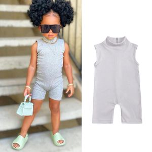 Sommar jumpsuits rompers små flickor kläder ribbed jumpsuit för barn turtleneck bodysuit ärmlösa romper ungdomar barn onesies 0-6y