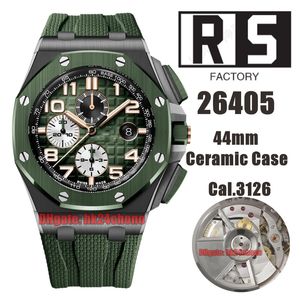 RS Factory Relógios RSF 26405 44mm Caixa de Cerâmica Cal.3126 / ETA7750 Cronógrafo Automático Relógio Masculino Fumado Mostrador Verde Pulseira de Borracha Relógios de Pulso para Homens