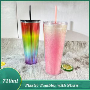 24oz gradient akryl tumblers 710ml plast tumblers med lock och corlorful suger dubbel vägg sippy kopp med fri halm återanvändbar kopp