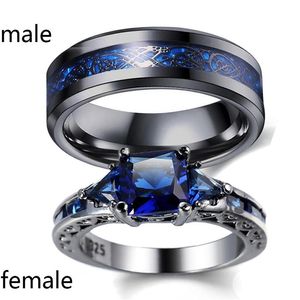 SZ6 Twee ringen paar rings zijn haar haar blauw zirkon zwart goud gevulde damesring drakenpatroon roestvrij staal heren W