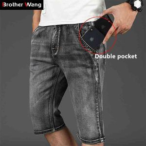 Summer Mens Antitheft Zipper Jeans Shorts Fashion Casual Straight Gray Elastic Force Denim Short Male Brand 210322