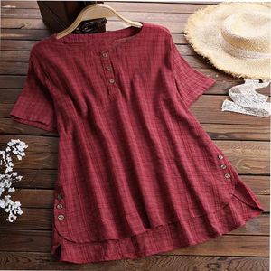 Kvinnors blusar skjortor Summer Short Sleeve Shirt for Women 2022 Oregelbunden hem Stor storlek Bomull och linne Plaid Womens Tops BluesSwomen's