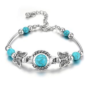 Charm Bracelets Fashion Turquoise Silver Plated Butterfly Bracelet Women's Handmade Party Dinner Ball Jewelry AccessoriesCharm CharmChar