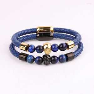 Beaded Strands High Quality Men Bracelet Design Blue Tiger Eye Natural Stone Stainless Steel Skull Charm Genuine Leather Fawn22