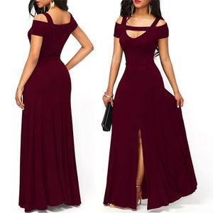 Kvinnors klänningar Casual Long Maxi Evening Party Beach Dress Solid Wine Red Black Square Collar Summer Costume W220421