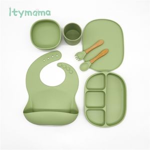 6pcs/set Baby Feeding Silicone Tableware Waterproof Bib Solid Color Dinner Plate A Free Sucker Bowl And Spoon For Children 220414