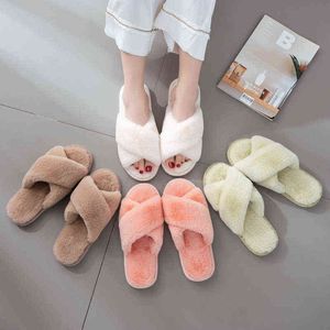 Nxy Slippers Slides New Indoor Plush Cross Slippers for Women fashion cute beach sandals ladies shoes 220808