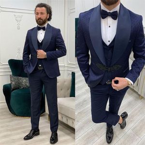 Abiti da uomo Blazer Abito da sposa moderno da uomo Blu navy Jacquard Slim Fit Abiti da sposo/groomsman personalizzati Tuxedo Homme Business Casual