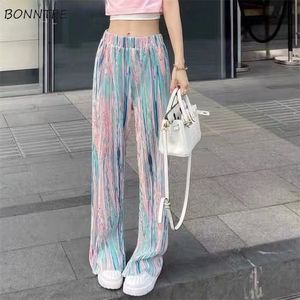 Calças casuais mulheres amarrem tinturas longas verão, todas combinam Mujer Bright Bright Streetwear