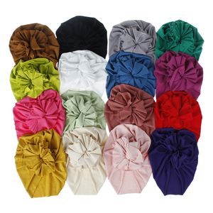 Mjukt bomull Solid Turban Mössor Kepsar Mössor Headwrraps Med Big Flower Bow För Baby Girls Spädbarn Småbarn Kids