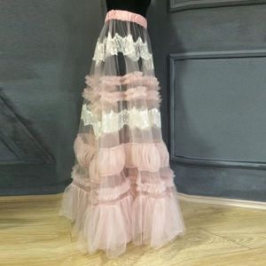 Kjolar rosa sexig avslappnad kjol golv längd se genom tulle ruffle skiktad spets kvinnor applique anpassade prom plus storlek