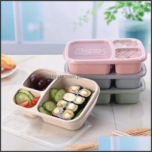 Lunch BoxesBags Kitchen Storage Organization Kitchen Dining Bar Home Garden Ll 3 Grid Wheat St Box Microwave Bento Bo Dhz4U