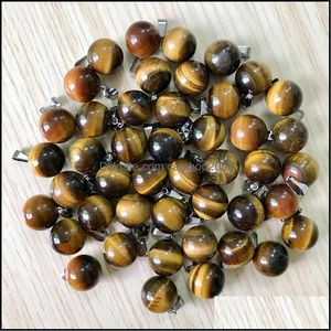 Pendant Necklaces Pendants Jewelry Wholesale 50Pcs Natural Tiger Eye Stone Ball Woman Child Gift Beads For Diy Je Dh5Ss