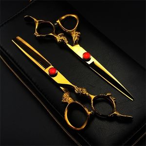 professional Japan 440c 6 '' gold dragon hair cutting scissors haircut thinning barber haircutting shears Hairdresser 220317