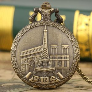 Pocket Watches Eiffelturm Paris Frankreich Gebäude Figur Statue Metallhandwerk Vintage Quarz Uhr Halskette Anhängerkette für Siepocket