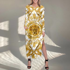 NoisyDesigns Golden Europe Flollal Printed Designer Night Dress Women Exhize 4XL長袖スプリットスカートVestido Mujer 220627