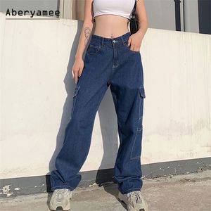 Aberyamee Jeans feminino Botão Longa calça calça mulher Baggy Jean Casual White Street Denim Roupos Big Bockets Retro 210302