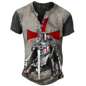 Męskie koszulki mężczyzn naśladowanie bawełniane koszulki z 7 guzikami letni streetwear kinghts Templar nadruk luz luźne krótkie tulei