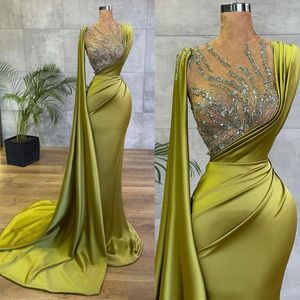 2022 Fabulous Olive Green Mermaid Evening Dresses Sheer Appliques Sequins Sleeveless Long Occasion Formal Party Gowns With Pleats Vestidos de fiesta B0419