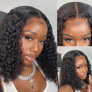 Siyah kadınlar için kısa kıvırcık bob insan saç perukları brezilyalı afro doğal gevşek dalga şeffaf dantel frontal kapanma peruk