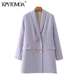 KPYTOMOA Frauen 2020 Mode Zweireiher Longline Blazer Mantel Vintage Langarm Taschen Weibliche Oberbekleidung Chic Tops LJ201021