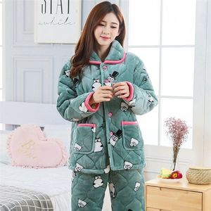 Pyjamas Women's Winter Flannel Tre-Layer Bomull Och Plush Tjockad Varm Jacka Suit Hemkläder 220329
