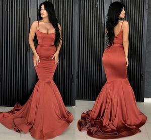 Sexy Simple Mermaid Prom Dresses Satin Spaghetti Straps Open Back Arabic Women Plus Size Formal Party Gowns Sweep Train Evening Special Occasion Dress Custom Made