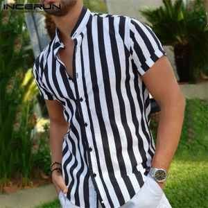 INCERUN Man Stylish Button Blouse Summer Casual Tops Masculina Fashion Striped Men Shirts Short Sleeve Stand Collar Shirt 5XL 7 220527