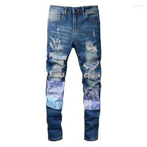 Men's Jeans Men Paisley Bandana Print Patch Streetwear Holes Ripped Distressed Stretch Denim Pants Slim Skinny Tapered Trousers Heat22