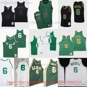 Özel Mitchell ve Ness 1962-63 Bill Basketbol 6 Russell Formaları Dikişli Beyaz Yeşil Retro Russell Efsanesi Vintage Jersey Boyut S-6XL Adam Kadın Etek Gençlik Çocuk