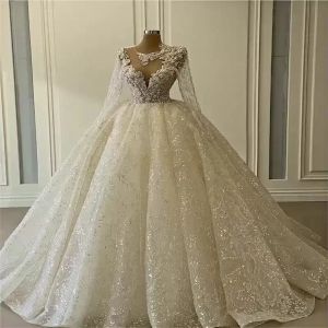 Glitter Ball Gown Wedding Dresses Long Sleeves Sheer Neck Appliqued Sequins Beads Bridal Gowns Luxury Dubai Custom Made Vestidos De Novia 0421